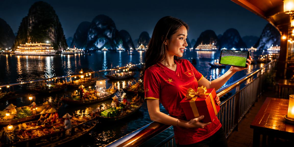 Người hâm mộ bóng đá đặt cược trực tuyến với phong cảnh vịnh Hạ Long